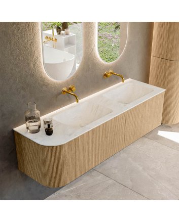 Mondiaz Kurve-Dlux 155cm badmeubel ronding Links kleur Oak met 2 lades en 1 deur. Wastafel Leaf Dubbel / Rechts zonder kraangat Opalo.