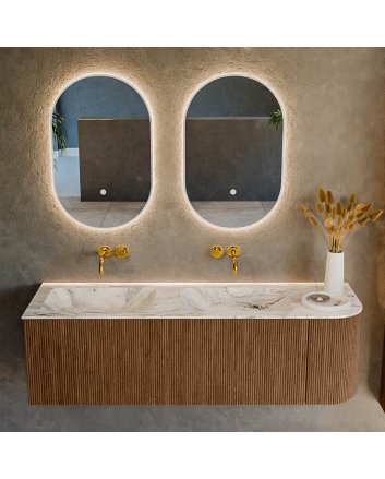 Mondiaz Kurve-Dlux 145cm badmeubel ronding Rechts kleur Walnut met 1 lade en 1 deur. Wastafel Leaf Dubbel / Links zonder kraangat Glace.