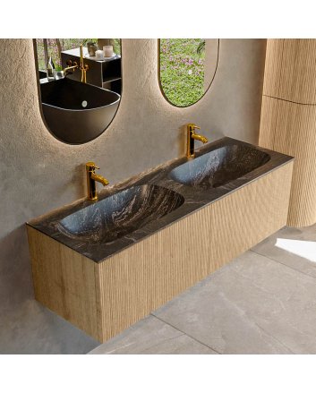 Mondiaz Kurve-Dlux 140cm badmeubel kleur Oak met 2 lades en 0 deuren. Wastafel Stor small Dubbel 2 kraangaten Lava.