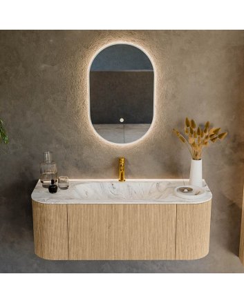 Mondiaz Kurve-Dlux 120cm badmeubel ronding Links + Rechts kleur Oak met 1 lade en 2 deuren. Wastafel Big small Midden 1 kraangat Glace.