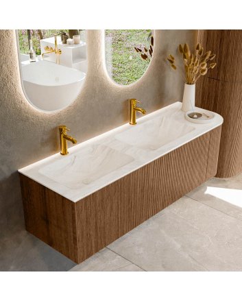 Mondiaz Kurve-Dlux 145cm badmeubel ronding Rechts kleur Walnut met 1 lade en 1 deur. Wastafel Leaf Dubbel / Links 2 kraangaten Ostra.
