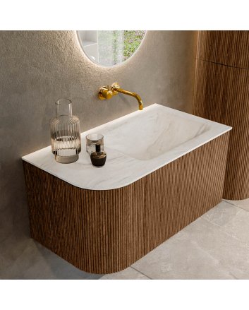 Mondiaz Kurve-Dlux 85cm badmeubel ronding Links kleur Walnut met 1 lade en 1 deur. Wastafel Cloud Rechts zonder kraangat Ostra.