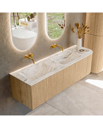 Mondiaz Kurve-Dlux 155cm badmeubel ronding Rechts kleur Oak met 2 lades en 1 deur. Wastafel Leaf Dubbel / Links zonder kraangat Glace.