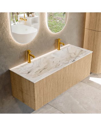 Mondiaz Kurve-Dlux 120cm badmeubel kleur Oak met 1 lade en 0 deuren. Wastafel Leaf Dubbel 2 kraangaten Glace.