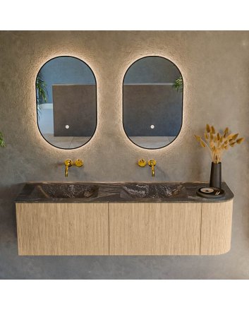 Mondiaz Kurve-Dlux 155cm badmeubel ronding Rechts kleur Oak met 2 lades en 1 deur. Wastafel Leaf Dubbel / Links zonder kraangat Lava.
