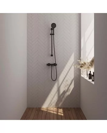 BRAUER Black Carving opbouw douche thermostaatkraan SET 02 met glijstang en 3-standen handdouche en doucheslang mat zwart