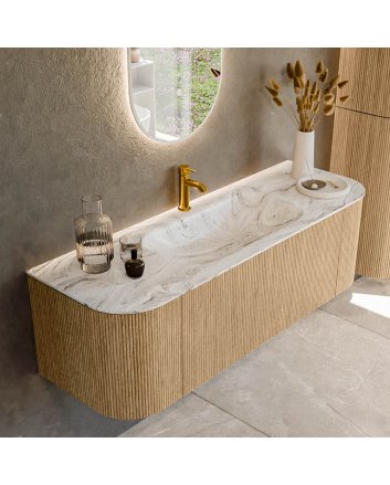 Mondiaz Kurve-Dlux 140cm badmeubel ronding Links + Rechts kleur Oak met 1 lade en 2 deuren. Wastafel Big small Midden 1 kraangat Glace.
