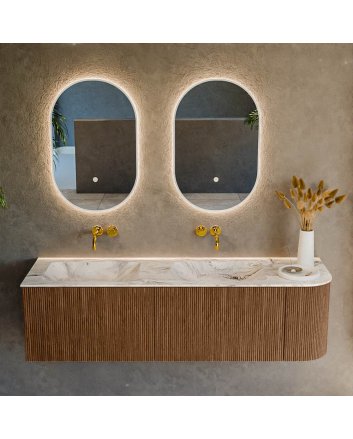 Mondiaz Kurve-Dlux 155cm badmeubel ronding Rechts kleur Walnut met 2 lades en 1 deur. Wastafel Leaf Dubbel / Links zonder kraangat Glace.