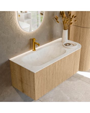 Mondiaz Kurve-Dlux 105cm badmeubel ronding Rechts kleur Oak met 1 lade en 1 deur. Wastafel Big small Links 1 kraangat Opalo.