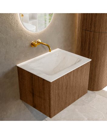 Mondiaz Kurve-Dlux 60cm badmeubel kleur Walnut met 1 lade en 0 deuren. Wastafel Cloud Midden zonder kraangat Ostra.