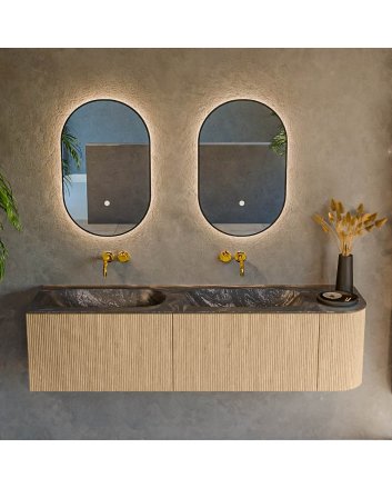 Mondiaz Kurve-Dlux 165cm badmeubel ronding Rechts kleur Oak met 2 lades en 1 deur. Wastafel Stor small Dubbel / Links zonder kraangat Lava.