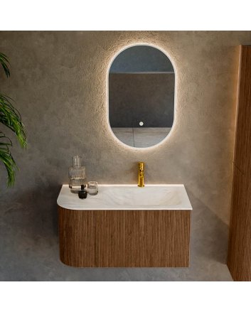 Mondiaz Kurve-Dlux 85cm badmeubel ronding Links kleur Walnut met 1 lade en 1 deur. Wastafel Cloud Rechts 1 kraangat Ostra.