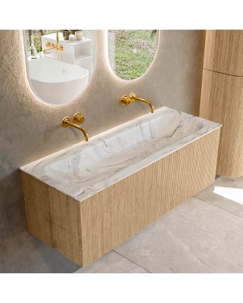 Mondiaz Kurve-Dlux 120cm badmeubel kleur Oak met 1 lade en 0 deuren. Wastafel Big large Midden zonder kraangat Glace.