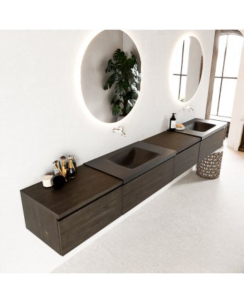 Mondiaz Bukla 280cm badmeubel met module 60 rechts kleur Dark Brown met 4 lades. Wastafel Cloud dubbel 0 kraangaten kleur Urban.