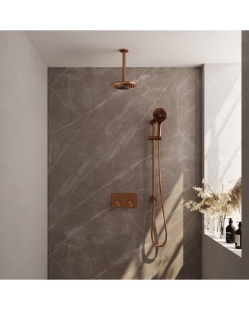 BRAUER Copper Edition thermostatische inbouw regendouche met drukknoppen SET 71 met 20 cm douchekop en plafondarm en 3-standen handdouche en doucheslang en geïntegreerde glijstang koper geborsteld PVD