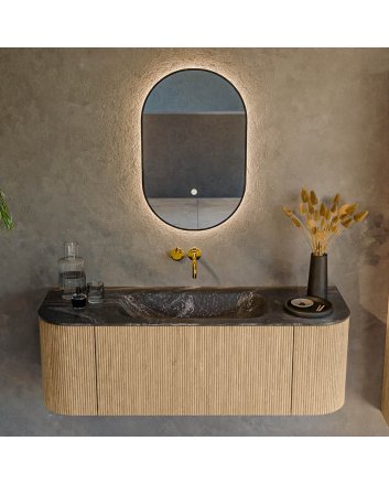 Mondiaz Kurve-Dlux 130cm badmeubel ronding Links + Rechts kleur Oak met 1 lade en 2 deuren. Wastafel Big small Midden zonder kraangat Lava.