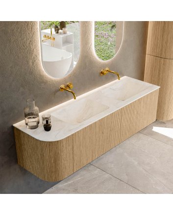 Mondiaz Kurve-Dlux 155cm badmeubel ronding Links kleur Oak met 2 lades en 1 deur. Wastafel Leaf Dubbel / Rechts zonder kraangat Ostra.