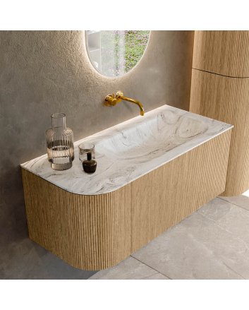 Mondiaz Kurve-Dlux 105cm badmeubel ronding Links kleur Oak met 1 lade en 1 deur. Wastafel Big small Rechts zonder kraangat Glace.