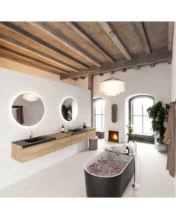 Mondiaz Bukla 280cm badmeubel met module 60 links kleur Washed Oak met 4 lades. Wastafel Cloud dubbel 2 kraangaten kleur Urban.