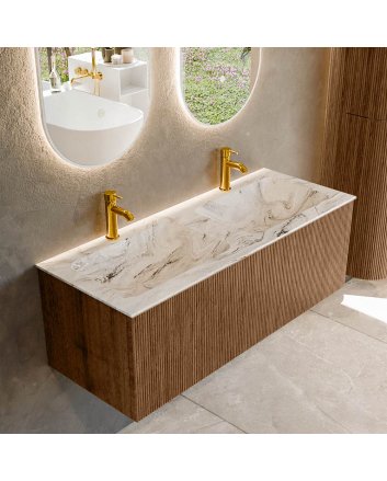 Mondiaz Kurve-Dlux 120cm badmeubel kleur Walnut met 1 lade en 0 deuren. Wastafel Leaf Dubbel 2 kraangaten Glace.