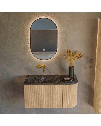 Mondiaz Kurve-Dlux 85cm badmeubel ronding Rechts kleur Oak met 1 lade en 1 deur. Wastafel Cloud Links zonder kraangat Lava.
