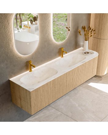 Mondiaz Kurve-Dlux 175cm badmeubel ronding Rechts kleur Oak met 2 lades en 1 deur. Wastafel Stor small Dubbel / Links 2 kraangaten Frappe.