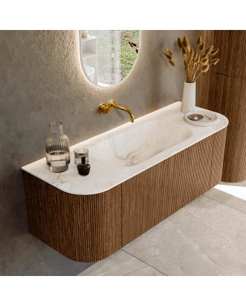 Mondiaz Kurve-Dlux 130cm badmeubel ronding Links + Rechts kleur Walnut met 1 lade en 2 deuren. Wastafel Big small Midden zonder kraangat Frappe.