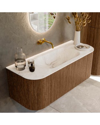 Mondiaz Kurve-Dlux 120cm badmeubel ronding Links + Rechts kleur Walnut met 1 lade en 2 deuren. Wastafel Big small Midden zonder kraangat Frappe.