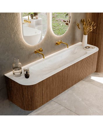 Mondiaz Kurve-Dlux 170cm badmeubel ronding Links + Rechts kleur Walnut met 1 lade en 2 deuren. Wastafel Big large Midden zonder kraangat Ostra.
