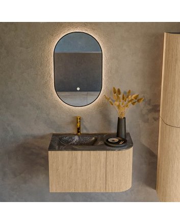 Mondiaz Kurve-Dlux 75cm badmeubel ronding Rechts kleur Oak met 1 lade en 1 deur. Wastafel Grunne Links 1 kraangat Lava.