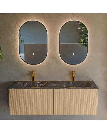 Mondiaz Kurve-Dlux 130cm badmeubel kleur Oak met 2 lades en 0 deuren. Wastafel Leaf Dubbel 2 kraangaten Lava.
