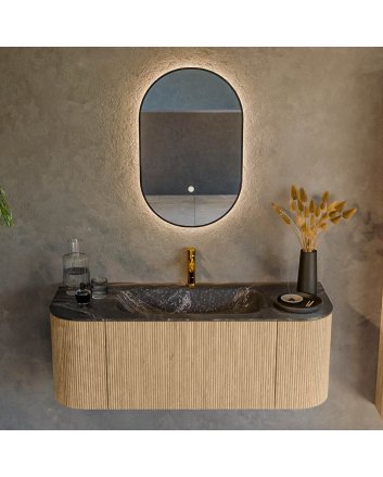 Mondiaz Kurve-Dlux 120cm badmeubel ronding Links + Rechts kleur Oak met 1 lade en 2 deuren. Wastafel Big small Midden 1 kraangat Lava.