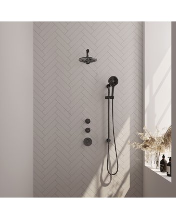 BRAUER Gunmetal Carving thermostatische inbouw regendouche SET 19 met 20 cm douchekop en rechte muurarm en 3-standen handdouche en doucheslang en geïntegreerde glijstang gunmetal geborsteld PVD