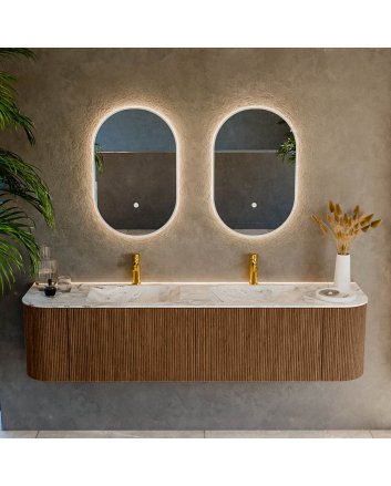 Mondiaz Kurve-Dlux 180cm badmeubel ronding Links + Rechts kleur Walnut met 2 lades en 2 deuren. Wastafel Leaf Dubbel 2 kraangaten Glace.