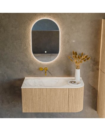 Mondiaz Kurve-Dlux 95cm badmeubel ronding Rechts kleur Oak met 1 lade en 1 deur. Wastafel Big small Links zonder kraangat Ostra.