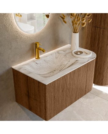 Mondiaz Kurve-Dlux 85cm badmeubel ronding Rechts kleur Walnut met 1 lade en 1 deur. Wastafel Cloud Links 1 kraangat Glace.