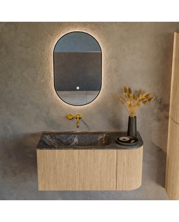 Mondiaz Kurve-Dlux 95cm badmeubel ronding Rechts kleur Oak met 1 lade en 1 deur. Wastafel Big small Links zonder kraangat Lava.