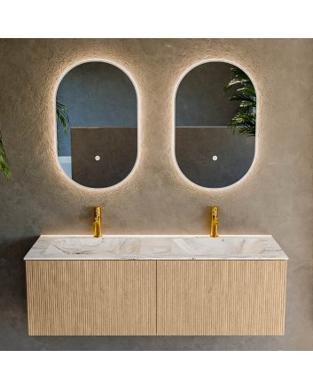 Mondiaz Kurve-Dlux 130cm badmeubel kleur Oak met 2 lades en 0 deuren. Wastafel Leaf Dubbel 2 kraangaten Glace.