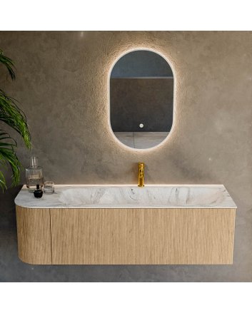 Mondiaz Kurve-Dlux 145cm badmeubel ronding Links kleur Oak met 1 lade en 1 deur. Wastafel Big large Rechts 1 kraangat Glace.