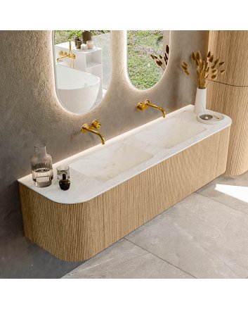 Mondiaz Kurve-Dlux 170cm badmeubel ronding Links + Rechts kleur Oak met 1 lade en 2 deuren. Wastafel Leaf Dubbel zonder kraangat Opalo.