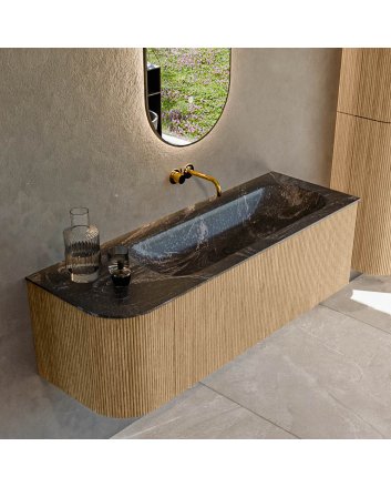 Mondiaz Kurve-Dlux 135cm badmeubel ronding Links kleur Oak met 1 lade en 1 deur. Wastafel Big medium Rechts zonder kraangat Lava.