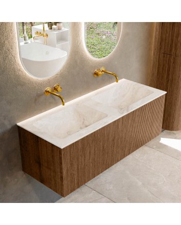 Mondiaz Kurve-Dlux 120cm badmeubel kleur Walnut met 1 lade en 0 deuren. Wastafel Leaf Dubbel zonder kraangat Frappe.