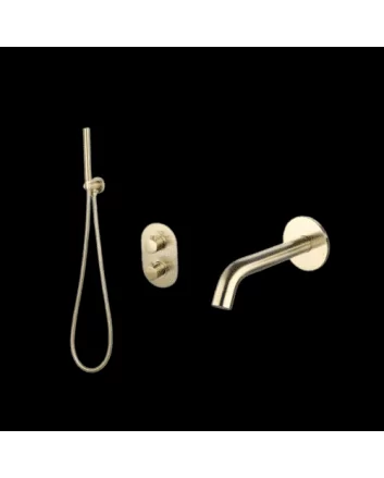 Sani DeLuxe Badset inbouw met box thermostaat, muurbevestiging / doucheslang, staafhanddouche rond Goud Geborsteld met geribbeld knop