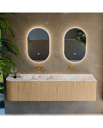 Mondiaz Kurve-Dlux 175cm badmeubel ronding Links kleur Oak met 2 lades en 1 deur. Wastafel Stor small Dubbel / Rechts zonder kraangat Glace.