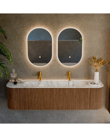 Mondiaz Kurve-Dlux 170cm badmeubel ronding Links + Rechts kleur Walnut met 1 lade en 2 deuren. Wastafel Big large Midden 2 kraangaten Glace.