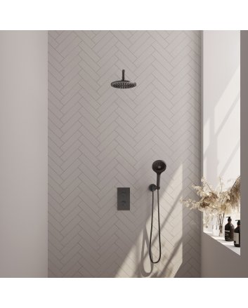 BRAUER Gunmetal Carving thermostatische inbouw regendouche 3-weg omstelling SET 33 met 20 cm douchekop en gebogen muurarm en 3-standen handdouche en doucheslang en wandaansluitbocht gunmetal geborsteld PVD