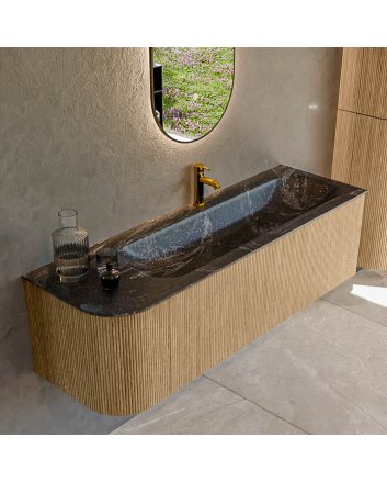 Mondiaz Kurve-Dlux 145cm badmeubel ronding Links kleur Oak met 1 lade en 1 deur. Wastafel Big large Rechts 1 kraangat Lava.