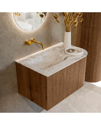 Mondiaz Kurve-Dlux 75cm badmeubel ronding Rechts kleur Walnut met 1 lade en 1 deur. Wastafel Grunne Links zonder kraangat Glace.