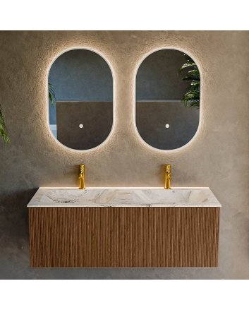 Mondiaz Kurve-Dlux 120cm badmeubel kleur Walnut met 1 lade en 0 deuren. Wastafel Leaf Dubbel 2 kraangaten Glace.