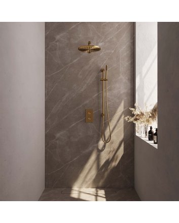 BRAUER Gold Carving thermostatische inbouw regendouche 3-weg omstelling SET 38 met 30 cm douchekop en rechte muurarm en staaf handdouche en doucheslang en geïntegreerde glijstang goud geborsteld PVD